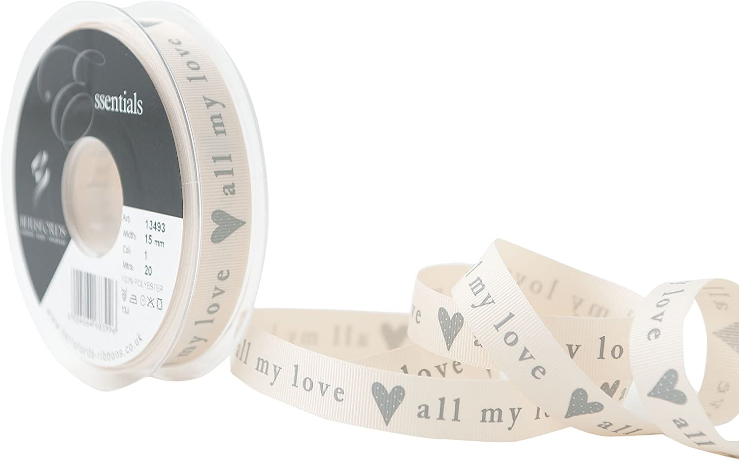 Berisfords 15mm All My Love Ribbon, Natural and Grey, Natural/Grey, 15mm x 20m