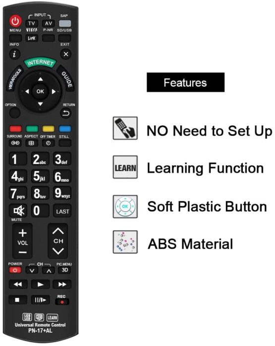 Alkia Universal Remote Control PN-17 Compatible Replacement for Panasonic TV/VIERA Link/LEARN/ 3D/ LCD/LED, Works with ALL Panasonic televisions (LED,LCD,Plasma) - Image 4