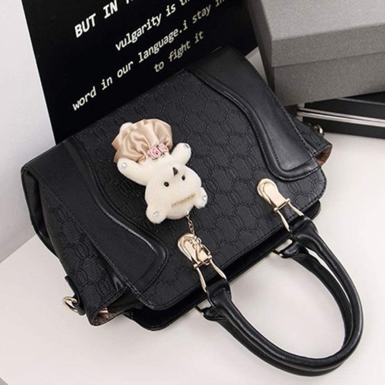 FiveloveTwo Women Ladies 4Pcs Handbag Set Tote Satchel Shoulder Bag PU Top Handle Bag Purse Clutch Card Holder with Bear Ornament Beige - Image 2