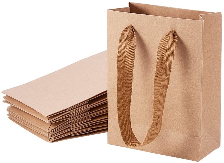 NBEADS 10 Pcs Small Kraft Brown Paper Bag Treat Candy Gift Bag Carrier Bags with Handles for Birthday Wedding