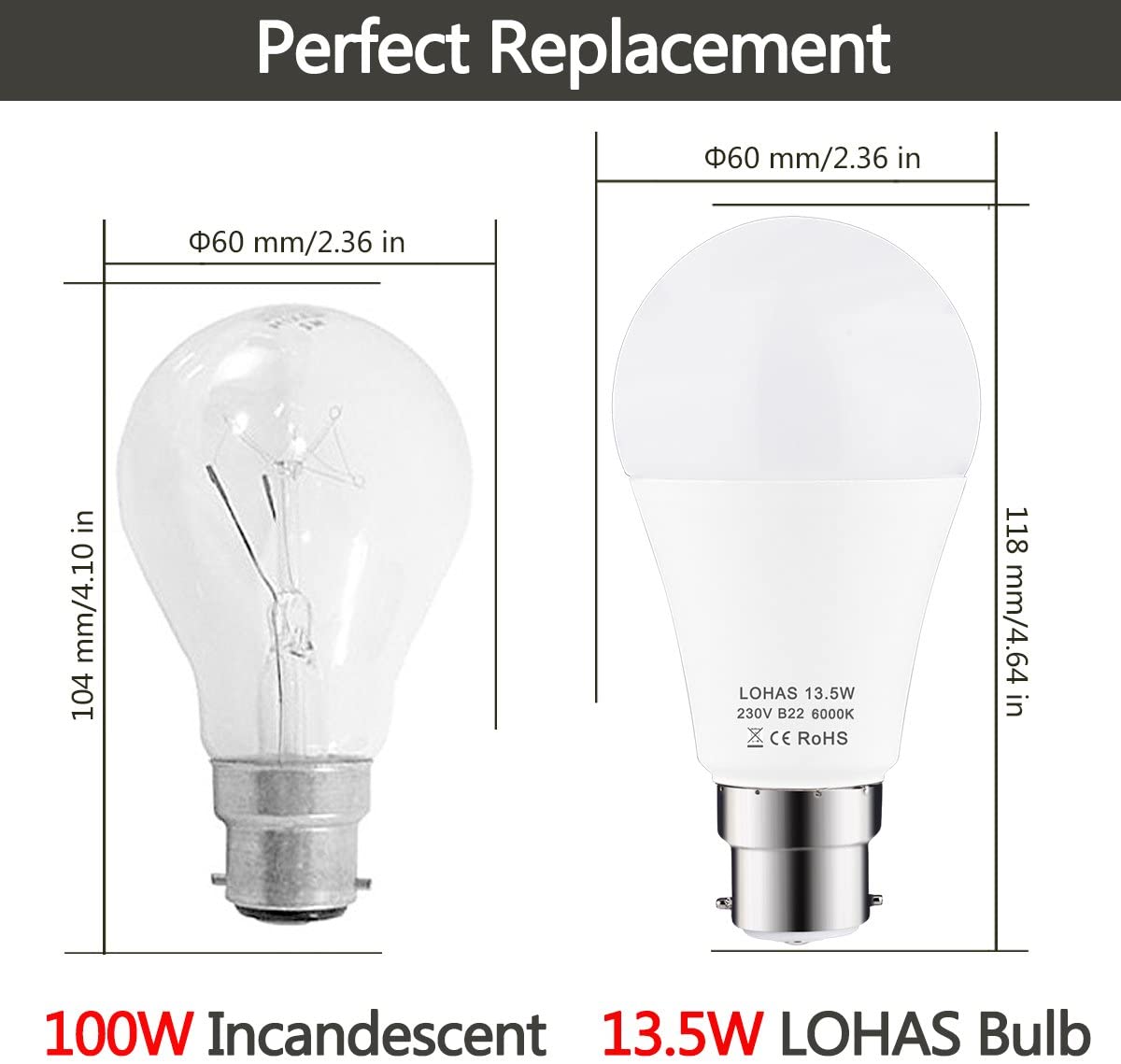 (4 Pack) LOHAS® 13.5Watt A60 B22 LED Bulbs, 100Watt Incandescent Bulbs ...