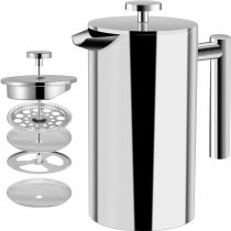 Kichly French Press Coffee Maker 1 Litre (32oz) Double Wall 100% Stainless Steel - Tea or Cafetiere Kettle - Portable Cafetière for Home and Camping (Silver)