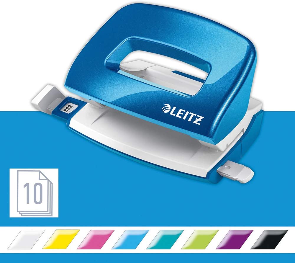 Leitz Mini Hole Punch, 10 Sheets, Guide Bar with Format Markings, Metal, WOW Range, 50601036 - Metallic Blue