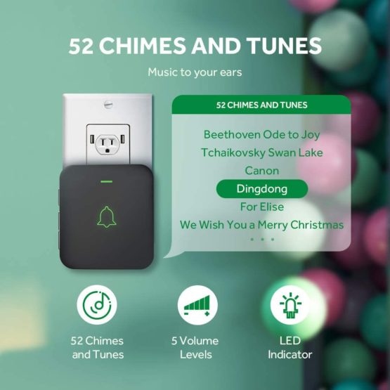 Wireless Doorbell, AVANTEK 1000ft Long Range Door Bells, Mini IP55 Waterproof with 2 Plug-in Receivers, Cordless Doorbell with 5 Levels Volume, 52 Melodies, LED Flash, CB-12 (CR2032 Battery Included) - Image 2
