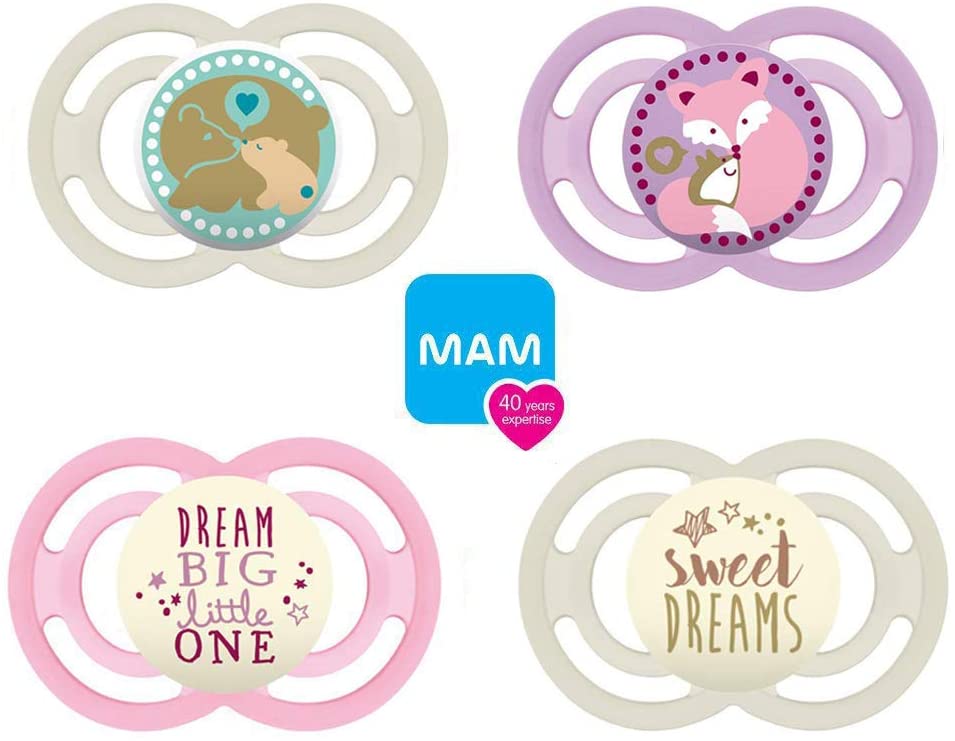 Set Di 4 Ciucci MAM In Silicone: 2 Original + 2 Notte Che Si Illuminano Al Buio - Perfetti Per Neomamme, Pratico Porta Scatole Incluso