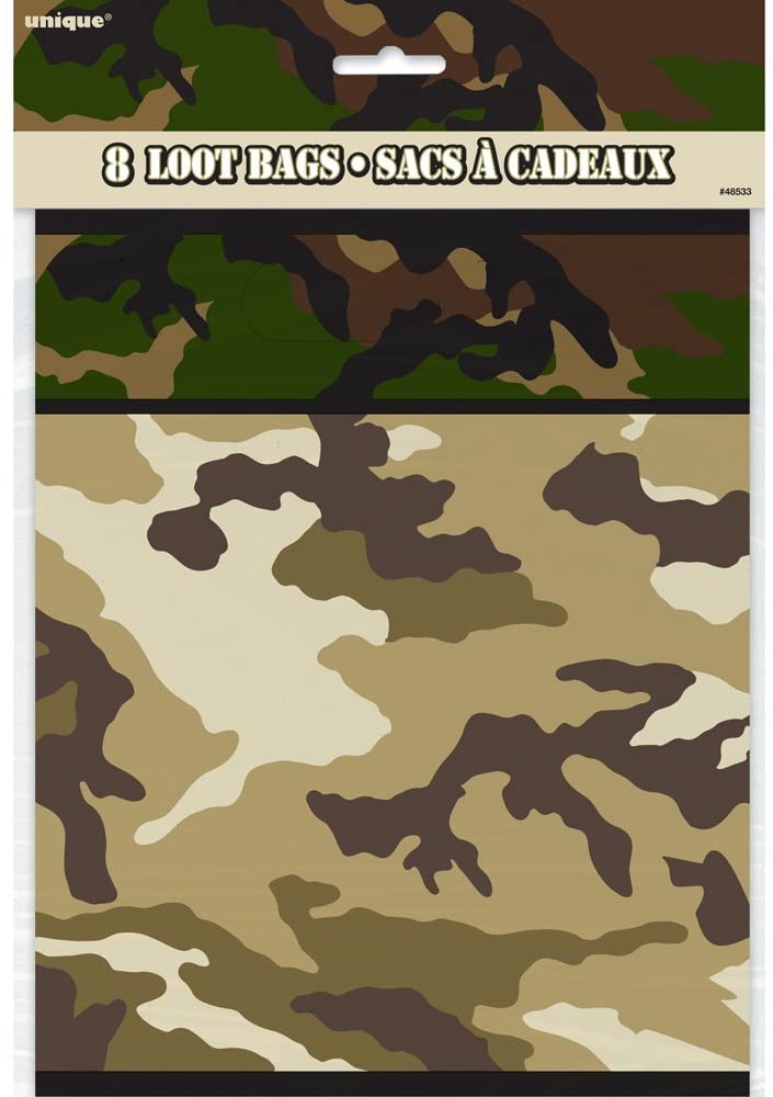 Unique Party 48533 - Military Camo Party Bags, Pack of 8, Green, 9” x 7.5”