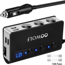 OOWOLF Quick Charge 3.0 Cigarette Lighter Adapter,180W 12V/24V 3-Socket DC Power Car Splitter with 6.6A 4 USB Ports,LED Display Voltage, Individual Switch
