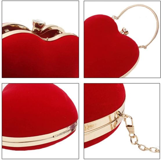ZLMBAGUK Women Suede Heart Shape Mini Clutches And Evening Bag Clutch Party Bag Purse with a Chain and handle Ring Red - Image 2