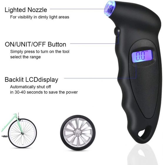 URAQT Tyre Pressure Gauge, 4 Ranges Digital Inflator Tyre with Tyre Tread Depth Gauge and 4 Pcs Valve Caps, Backlight LCD Display 150 PSI ABS Non-Slip Grip for Car, Truck, Bicycle, Motorcycles - Image 3
