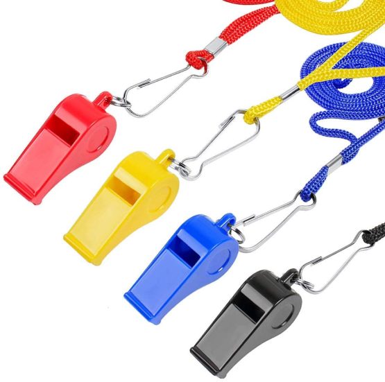 IKR 4 Packs Plastic Whistles With Lanyard Set For Coach Referee Sports Match Survival Emergency 4 Colors Black Blue Yellow Red - Image 2