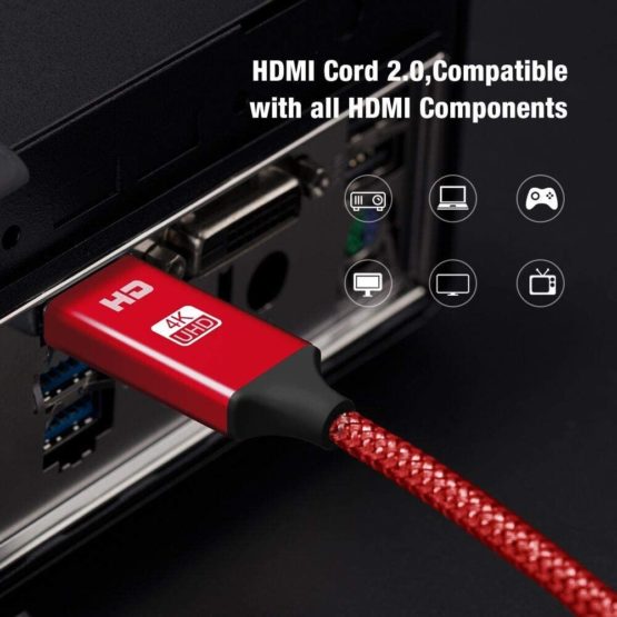 4K HDMI Cable 2M red HDMI Lead-Snowkids Ultra High Speed 18Gbps HDMI 2.0 Cable 4K@60Hz Compatible, 3D Support, Ethernet Function, Video 4K UHD 2160p, HD 1080p, 3D DVD PC ect - Image 2