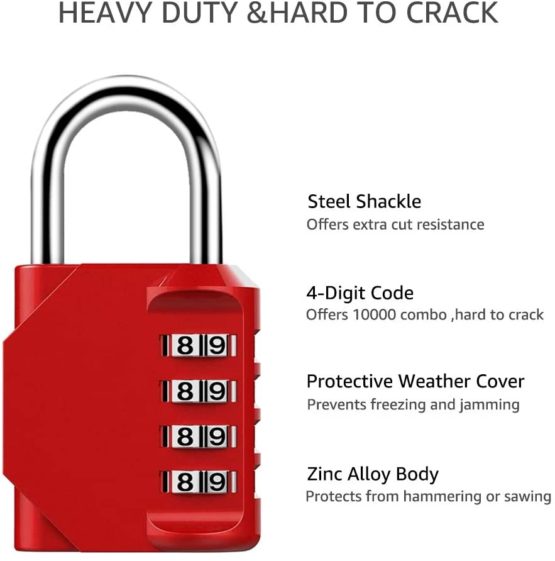 Combination Padlock Heavy Duty Lock - BeskooHome [ 2 Pack] Waterproof 4-Digit Combination Lock for School, Gym, Outdoor Shed Locker - [Red] - Image 3