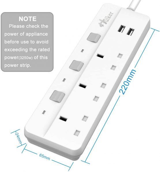 Hulker Extension Lead with USB slots Power Strips with USB ports 3 Way Outlets 2 USB Ports Surge Protection UK Plug with Fuse 13A Extension cord with Shutter 3 Way +2 USB - Image 3