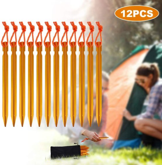 Rovtop 12Pcs Camping Tent Stakes Pegs 18cm Aluminium Alloy with Reflective Rope for Camping,Beach,Outdoor and Sand