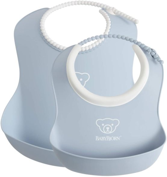 BABYBJÖRN Feeding Bib Set (Baby Bib + Small Baby Bib), Plastic, Powder Blue