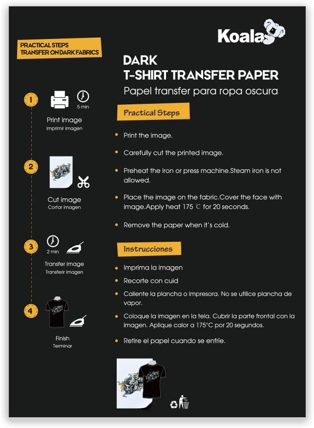KOALA Premium Inkjet Iron On T Shirt Transfer Paper for Black and Dark Fabrics x 10 Sheets, A4. Vivid, Long-Lasting Images. Easy to Use - Image 2