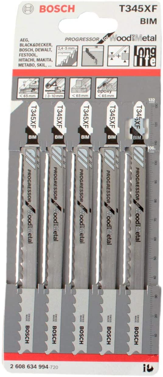 Bosch 2608634994 T345Xf Pack Of 5 Progressor Jigsaw Blade Wood And Metal, Multicolor, 34.7cm x 7cm x 22cm