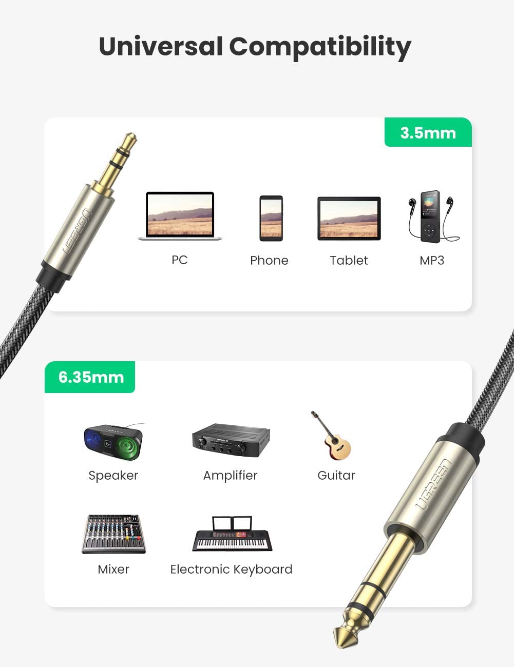 UGREEN 6.35mm to 3.5mm Audio Cable Hi-Fi Stereo 6.35mm 1/4 to 3.5mm 1/8 Lead TRS Mini Jack Aux Headphone Cord Compatible with Mixer Amplifier Speaker Earphone Laptop PC Phone MP3(1M) - Image 2