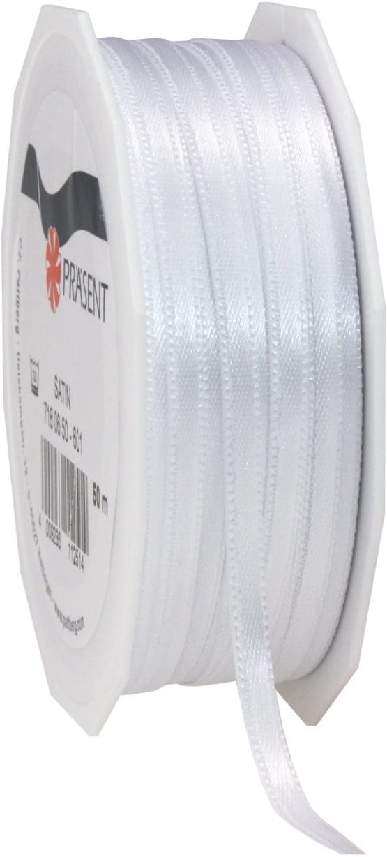 C.E. Pattberg SATIN white gift ribbon, 55 yards for Wrapping Gifts, 0.24 inches width, Ribbon for Decorating & Crafting, Decorative Ribbon for Gifts, for every occasion