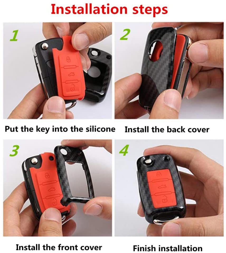 Happyit ABS Carbon Fiber Shell+Silicone Car Key Cover Case Keychain for Volkswagen VW Bora Beetle Tiguan Polo Passat B5 B6 MK5 6 Jetta Sagitar Golf 6 3 Buttons Remote (B Black + red) - Image 4