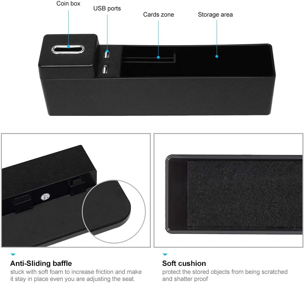 Jevogh GR24 Car Seat Gap Organiser, Car Seat Side Pocket with Coin Box and 2 USB Charging Ports, Universal Reversible Seat Storage Gap Filler for Both Driver Seat and Passenger Seat. - Image 2