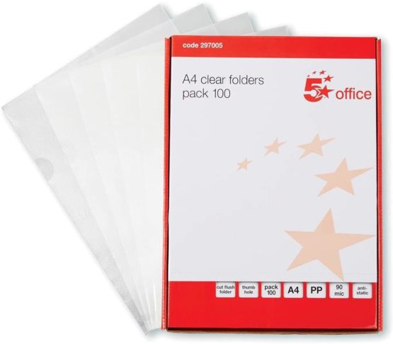 5 Star Office Folder Cut Flush Polypropylene Copy-safe 90 Micron A4 Clear [Pack 100]