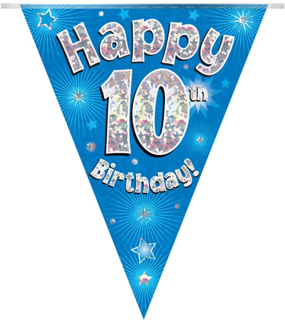 Party Bunting Happy 10th Birthday Blue Holographic 11 flags 3.9m, 9.842519675 cm x 5.511811018 cm