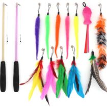 SLSON 14 Pack Cat Teaser Toy 2 Retractable Interactive Cat Wand and 12 Colourful Replaceable Cat Feather Toys with Bells For Indoor Cat and Kitten Catcher