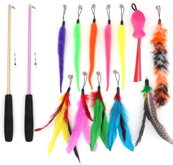 SLSON 14 Pack Cat Teaser Toy 2 Retractable Interactive Cat Wand and 12 Colourful Replaceable Cat Feather Toys with Bells For Indoor Cat and Kitten Catcher