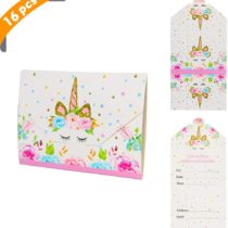 Yiran Unicorn Girls Party Invitations - Pink and Gold Envelopes Style Ready to Write (Pack 16)