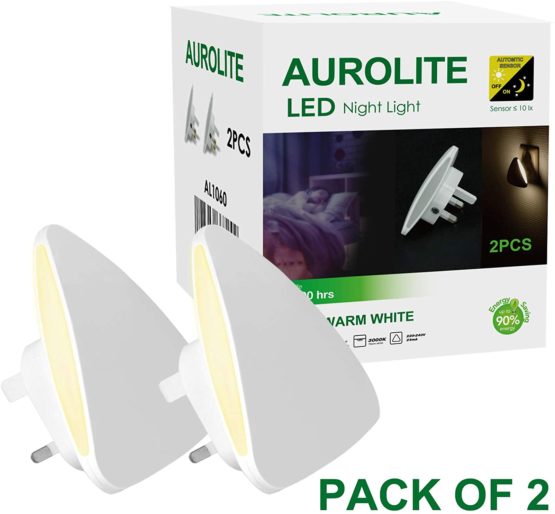 AUROLITE Pack of 2 LED Plug-and-Play Night Lights, Energy Saving (0.3) Watts, Automatic Sensor, Warm White (3000K), Ideal for Bedroom, Living Room, Kitchen, Hallway, B&B