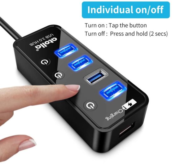 ATOLLA USB 3.0 Hub 4 Ports Extension Super Speed Data Transfer with On Off Switch and 1 USB Power Charging Port w/o AC Adapter (Black) - Image 3