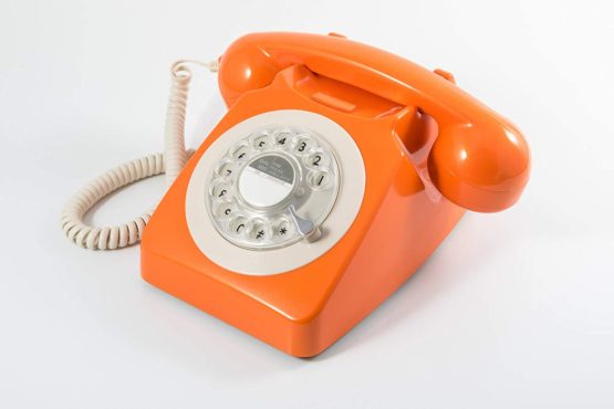 GPO 746 Rotary 1970s-Style Retro Landline Telephone, Classic Telephone with Ringer On/Off Switch, Curly Cord, Authentic Bell Ring for Home, Hotels- Orange