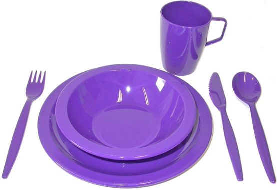Camping Purple Tableware Set - Plate, Bowl, Beaker and Cutlery - Reusable Virtually Unbreakable Polycarbonate Plastic