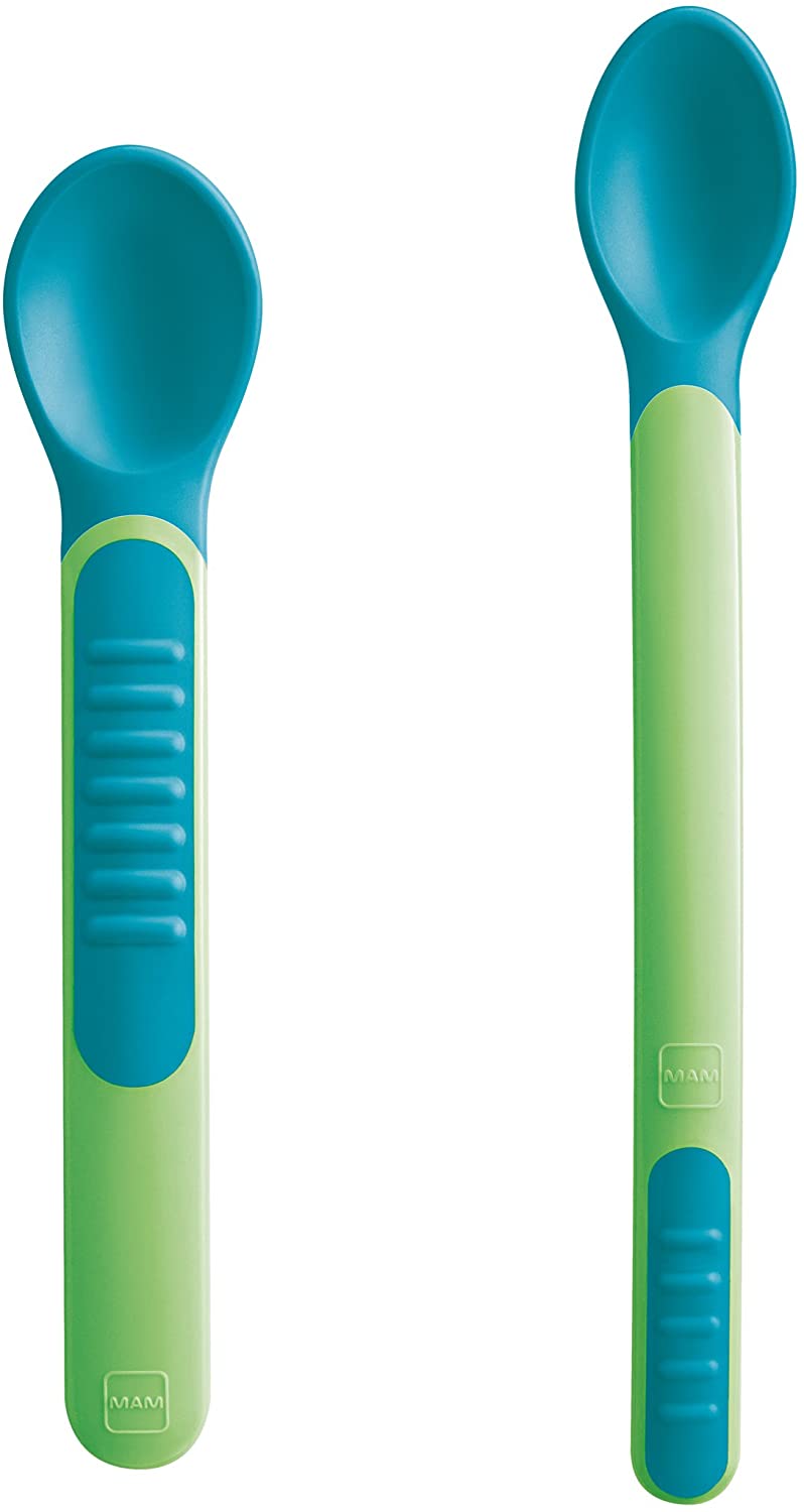 MAM Babyartikel 67076320 Heat Sensitive Feeding Spoons & Cover, Neutral, Green, 2 Stück (1er Pack)