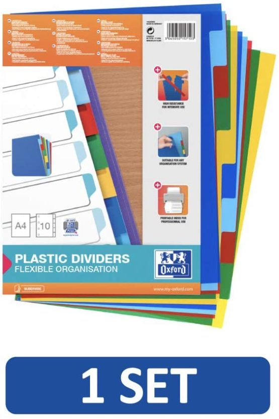 Oxford A4 Plastic 10 Part Dividers, Assorted, 1 Set