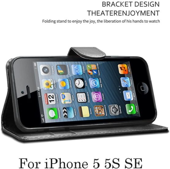 iPhone SE 5 5S Case Premium Leather Flip Wallet Case Cover Pouch For iPhone SE 5 / 5S and Screen Protector With Polishing Cloth And Stylus (Black) - Image 4