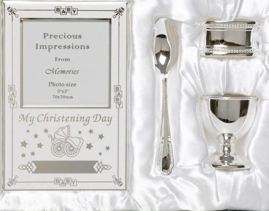 Beautiful Boxed Silver Plated Christening Day Gift Set - 4-Piece, Includes Egg Cup, Spoon, Baby Photo frame, Napkin Ring in Presentation Gift Box. - Image 2