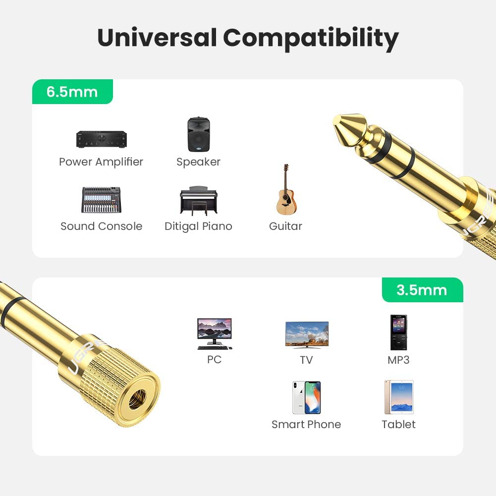 UGREEN Headphone Jack Adapter 6.35mm 1/4 to 3.5mm 1/8 inch Stereo Audio Adaptor 6.3mm Aux Jack Plug Male to Female Converter for Electric Piano,Keyboard,Guitar Amp,Mixer,Speaker,Earphone,Laptop,Phone - Image 2