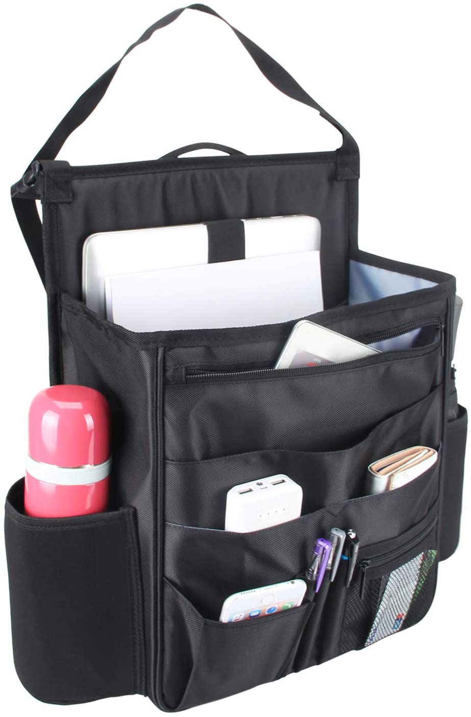 Luxja Car Seat Storage Organiser, Car Seat Organiser Front, Car Seat Back Storage Bag with Laptop & Tablet Storage, Black - Image 2