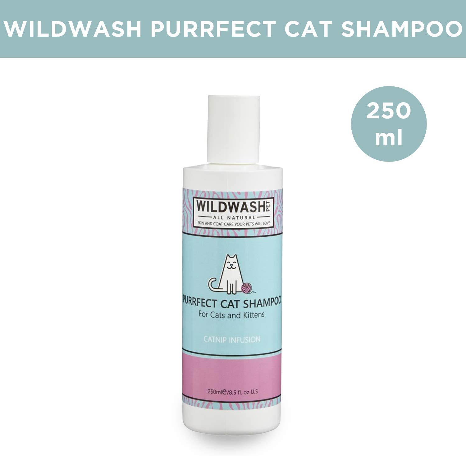 WildWash Purrfect Cat Shampoo with Added Catnip 250ml, Makes Bathtime Fun Time, Adds Shine and Luminosity to Dull Hair