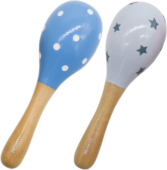 PREMYO Baby Rattle Maracas - Wooden Musical Instruments for Toddlers - Newborn Sensory Toys - Dots Stars Blue Grey - Image 4