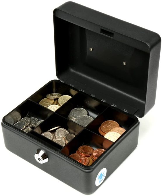 H&S Money Box Tin 6" Steel Cash Safe Box Petty Cash Deposit Tin with Lock 2 Keys - Black - Image 4