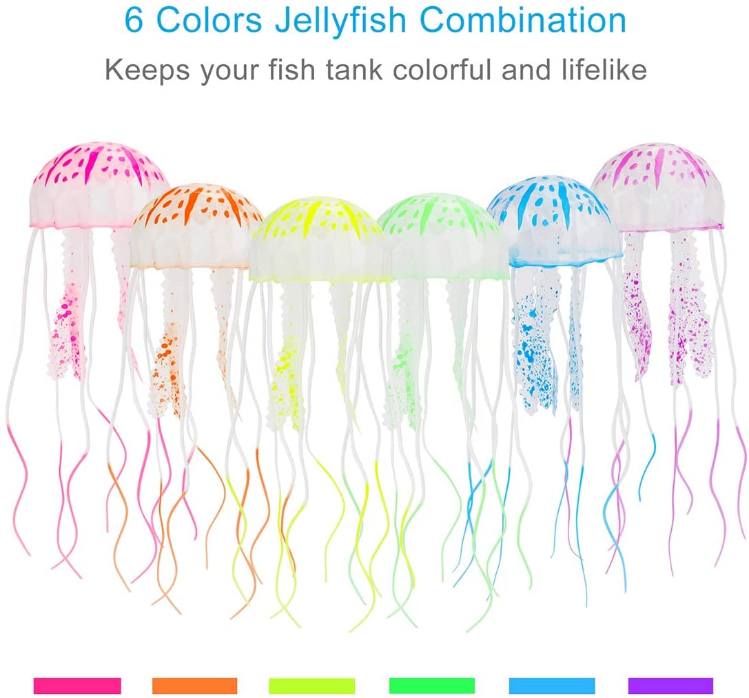 Uniclife 6 PCS Colorful Jellyfish Ornament with Glowing Effect Imitative Aquarium Decoration Addition Lifelike Realistic Silicone Floating Decor for Fish Tank Landscape - Image 2