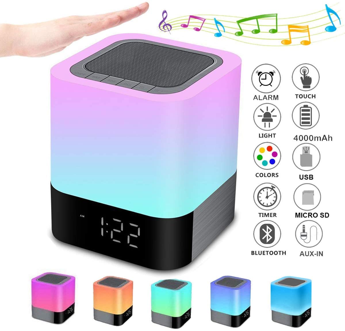 Bedside Lamp with Alarm Clock Bluetooth Speaker, Night Light Bedroom Decor Color Changing Table Lamp