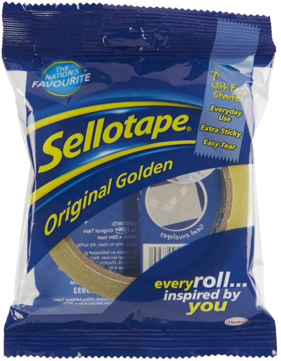 Sellotape Original Golden, Multi-Purpose Clear Tape for Household Objects, Clear Packing Tape for Sticking Envelopes or Cards, Easy to Use Packaging Tape, 24mmx50m
