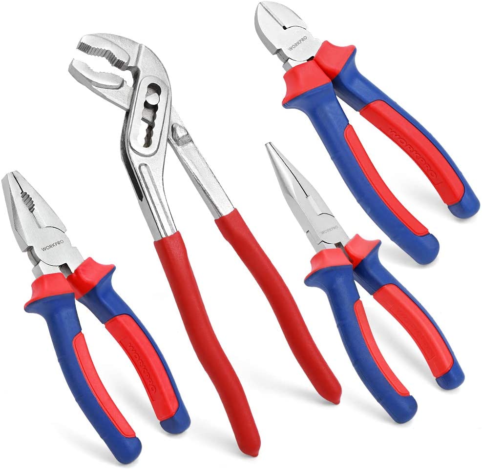 WORKPRO 4-Piece Pliers Set, 245 mm Water Pump Pliers, 160 mm Long Nose Plier, 160 mm Combination Plier, 160mm Side Cutter