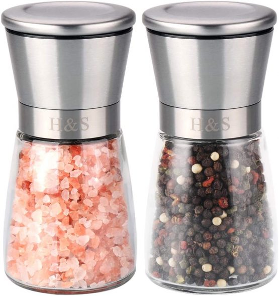H&S Salt and Pepper Grinder Mill Set Salt and Pepper Shakers Brushed Stainless Steel Glass Body