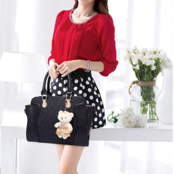 FiveloveTwo Women Ladies 4Pcs Handbag Set Tote Satchel Shoulder Bag PU Top Handle Bag Purse Clutch Card Holder with Bear Ornament Beige - Image 3