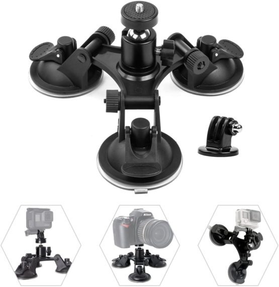 Geila Triple Cup - Camera Suction Mount - Car Mount Triple Suction Cup Mount with 1/4 Threaded Head 360 Degree Tripod Ball Head (Trip Suction Cup)